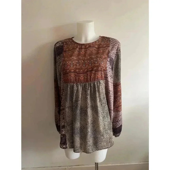Women's‎ Ces Femme Brown and Purple Blouse Size L Swing Boho EUC! - Picture 1 of 5